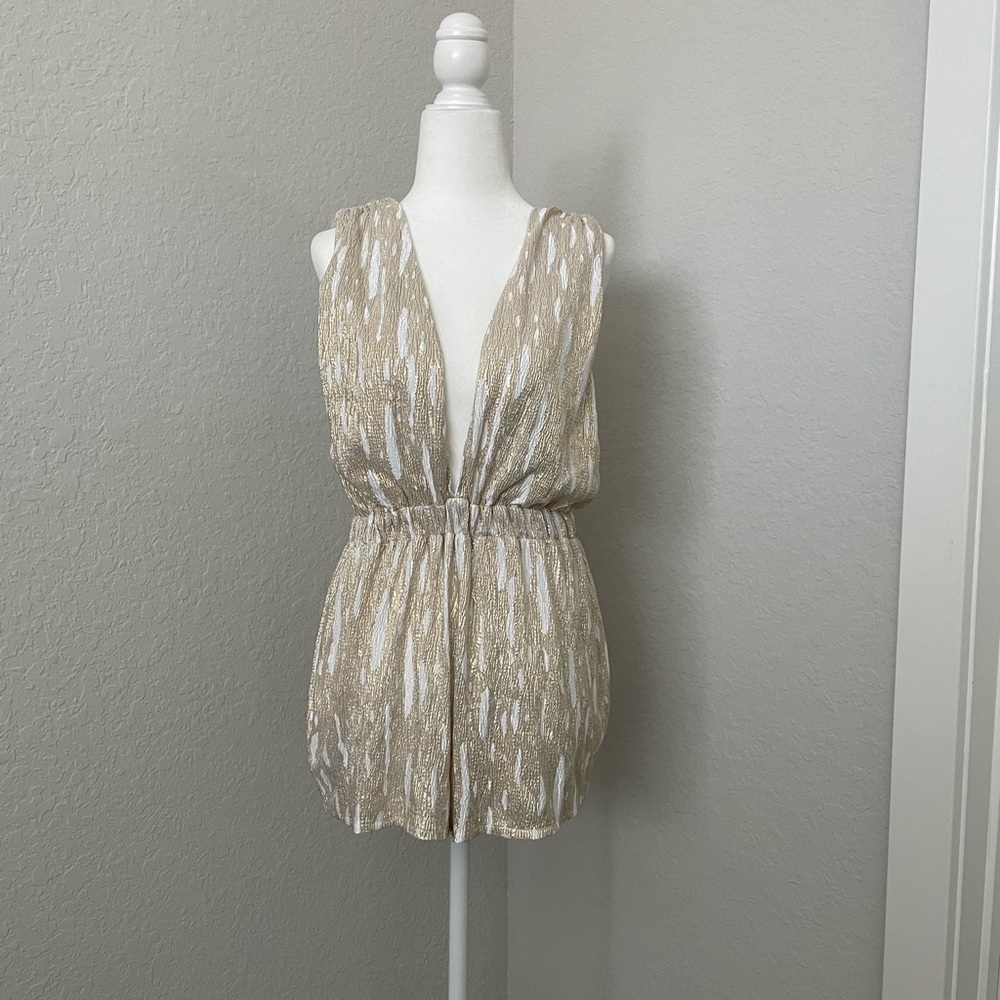 ASOS size 2 gold metallic sequin romper with open back and cinched waist